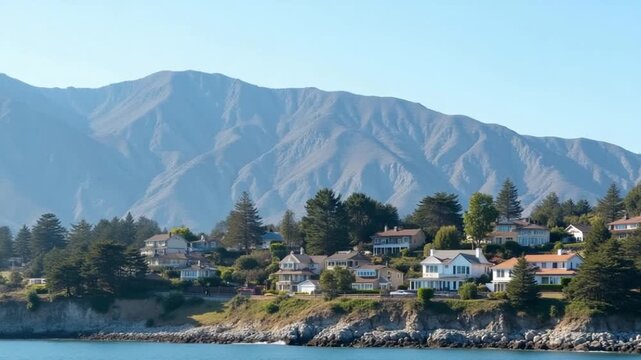 Houses among green trees growing at the rocky coast of California. Majestic bare mountains at the backdrop of blue clear sky. Vertical