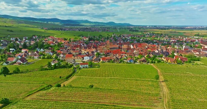 Aerial view of Eguisheim, small picturesque village in the province of Alsace, France