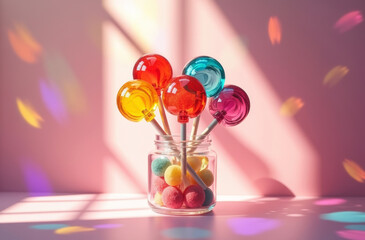 Colorful lollipops in glass jar on sunny pink festive background with glare.