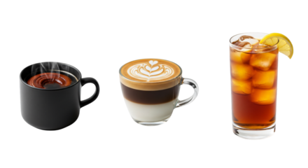 Three different hot and cold drinks isolated on transparent background