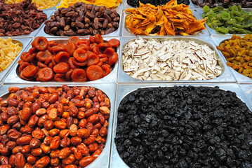 Dried fruit stand in Mahane Yehuda market in the center of Jerusalem.