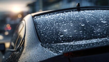 Raindrops clinging to a dark car's rear window at sunset