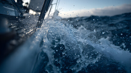 Intense moment of sailing, with waves crashing against the side of a boat or yacht. Sailing rough sea, sailboat rain sailing extreme. Rough sea boat ride during sailing storm. 