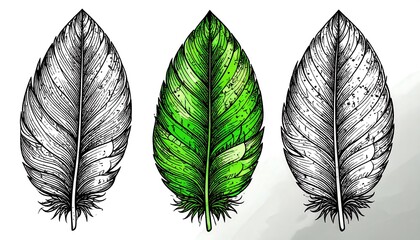 Three detailed illustrations of stylized feathers
