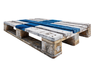 Used wooden pallet, painted with a stylized Finnish flag design