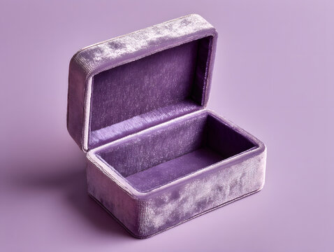 Empty open purple velvet jewelry box on a purple background