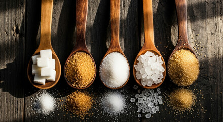 Top view of wooden spoons filled with different types of sugar&mdash;white cubes, brown cane sugar, white granulated sugar, rock sugar, and raw sugar&mdash;on a rustic wooden table. 