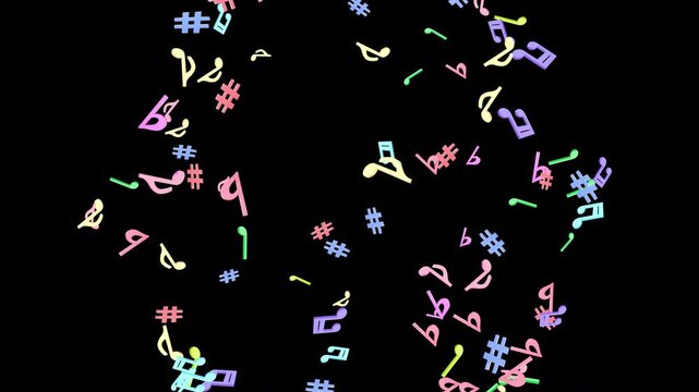 カラフルな3Dの音符が中央から爆発するように飛び出すアルファチャンネル付きCG,音楽,楽譜,アイコン,Colorful 3D musical notes bursting out from the center like an explosion with alpha channel, music, sheet music, icon