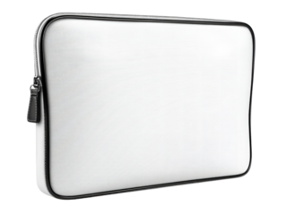Blank white laptop sleeve with black trim.  Zippered closure