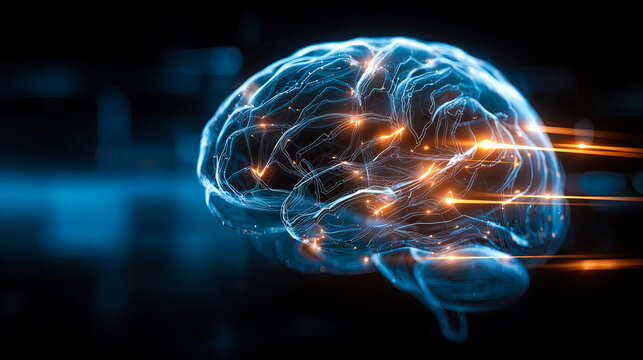 The image features a digital representation of a brain, glowing in blue, surrounded by streams of binary code (1s and 0s). The brain appears illuminated from the center, symbolizing intelligence, data