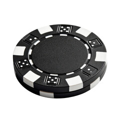 Naklejka premium Close-up of a black poker chip. Circular, glossy black chip with white pips. Dice-like symbols on the outer rim