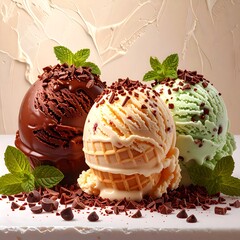 Three scoops of ice cream, various flavors, on a light surface