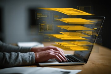 Hands typing on laptop, overlaid with floating yellow data