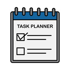 Flat vector illustration of a task planner notebook with checklist boxes. The design represents daily schedule, productivity, and time management for business or personal use