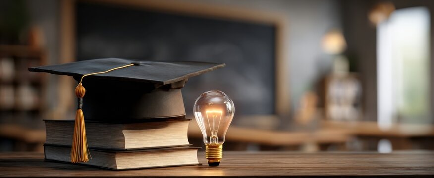 The Graduation Cap and Books with a Lit Lightbulb Symbolizing Education and Inspiration