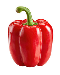 Close-up of a vibrant red bell pepper.  Full, glossy, and  smooth skin.  A green stem extends from the top.  Isolated against a black background
