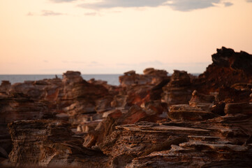 Scenic wide-angle view of Gantheaume Point coastline at sunset, Broome, Western Australia