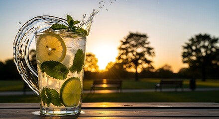Enjoy a refreshing summer mojito with zesty citrus and mint in a tranquil park setting as the sun sets, creating a truly vibrant and unforgettable moment