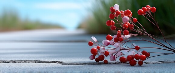 Red and pink berries on a gray surface, with a blurred background