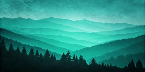 Fotobehang Zeegroen Misty mountain landscape with foggy clouds over forested hills and valley at sunrise  © Ashraful