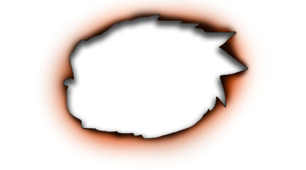 Realistic burned hole with glowing black and orange scorched paper edge isolated on transparent background for fire, destruction, or hot surface design
