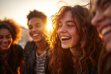 Fototapeta premium Golden-Hour Laughter: Candid Close-Up of Happy Teen Friends Sharing Joy, Smiles and Carefree Togetherness in Warm Sunset Outdoor Moment