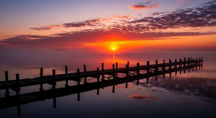 Fototapeta premium Experience the tranquility of a stunning sunrise over a calm lake with a wooden pier reflecting the vibrant colors, perfect for peaceful moments and serene landscapes