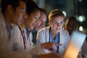 Multidisciplinary medical team collaborating late at night over a laptop in a modern hospital — doctors and nurses reviewing patient data and diagnostics