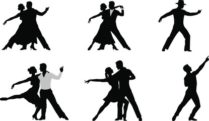 Dance silhouette vector set, ballroom and solo dance figures, black dance poses clipart, elegant dancing couple and individual