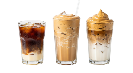 Three glasses of iced coffee isolated on transparent background