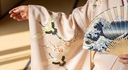 Close-up of a woman in a kimono holding a fan with a wave and Mount Fuji design, showcasing traditional Japanese attire and artistry.