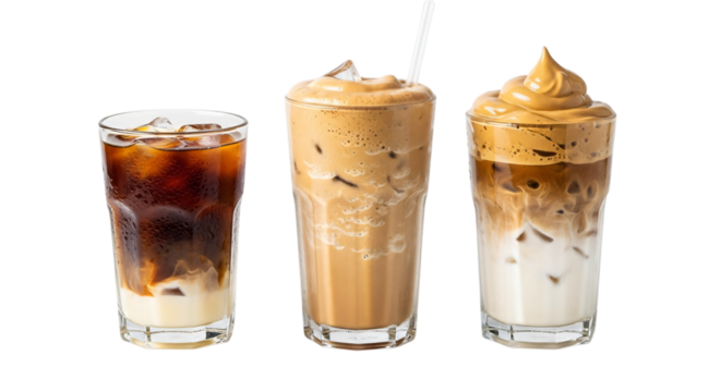 Three glasses of iced coffee isolated on transparent background