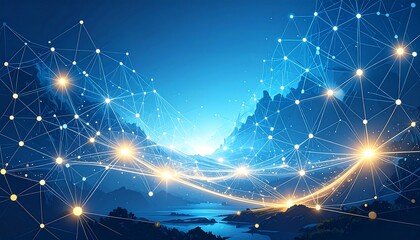 Network overlay on landscape, bright dots connected by lines, bright blue