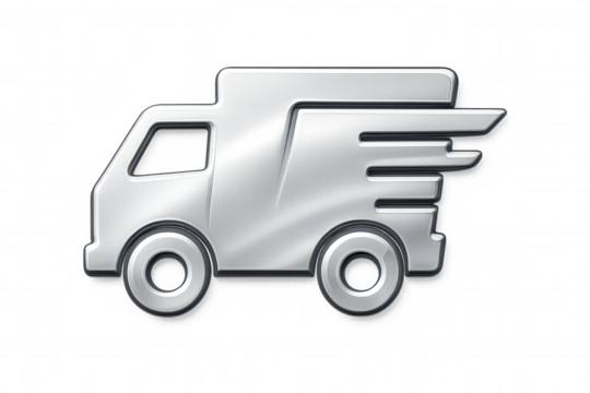 Metallic delivery truck racing, motion blur highlighting speed and efficiency of shipping services against transparent backdrop