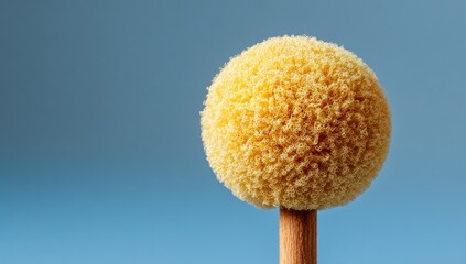 Close-up of a fluffy, yellow ball on a wooden stem against a light-blue background