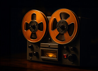 Close-up of vintage reel-to-reel tape recorder with large amber reels, warm retro lighting, nostalgic analog music equipment concept.