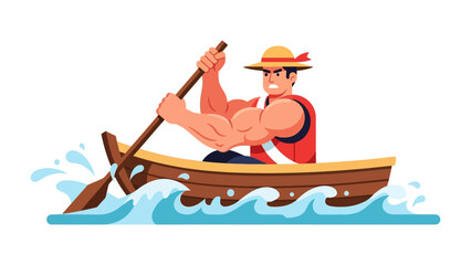 Man Rowing Boat with Power: a Strong Man Displays immense strength, as he vigorously rows a wooden boat through the tumultuous waves. A symbol of resilience and determination in action.