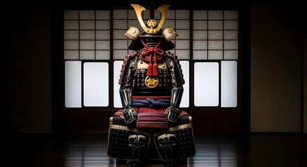 Samurai armor displayed, meticulously detailed, against a traditional Japanese shoji screen.