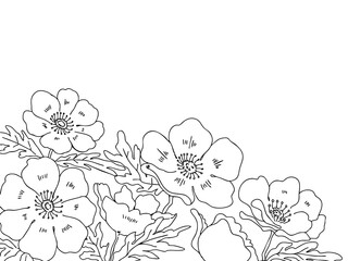 アネモネの白黒でシンプルな線画背景イラスト・塗り絵
