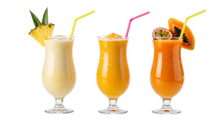 Three tropical cocktails isolated on transparent background with fruit garnish