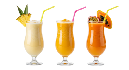 Three tropical cocktails isolated on transparent background with fruit garnish