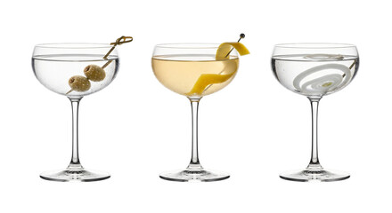 Three martini cocktails isolated on transparent background, different garnish