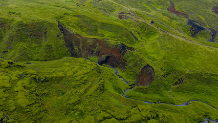 Aerial View of Lush Green Volcanic Landscape in Iceland