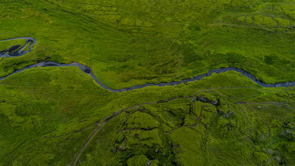 Aerial View of Winding River and Green Landscape in Iceland