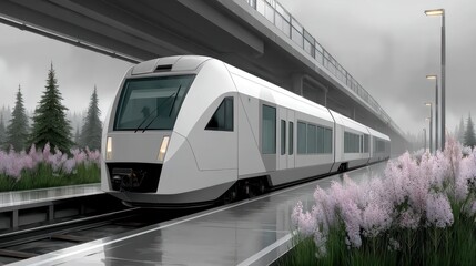 Fototapeta premium Modern train on a misty platform, passing under a bridge, surrounded by vegetation
