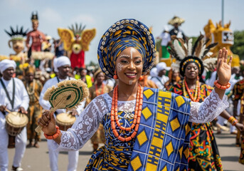 woman in vibrant african traditional attire dances joyfully in lively parade. scene is filled with colorful costumes, drums, and festive energy, cultural celebration. event, festival poster