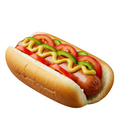 Delicious hotdog with mustard and vegetables isolated on transparent background