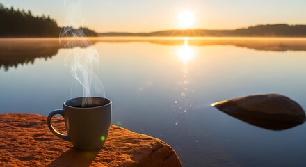 Savoring a steaming cup of coffee on a rock by a tranquil lake at sunrise, embracing the serene morning beauty and peaceful start to the day