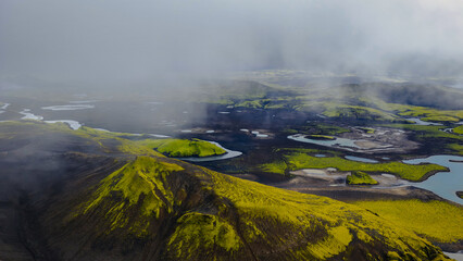 Aerial View of Iceland's Volcanic Landscape with Moss and Lakes