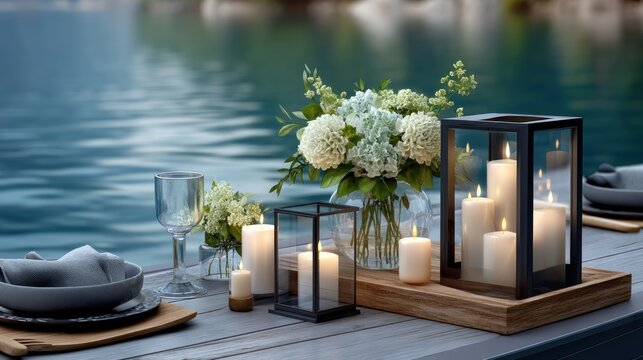 Lakeside dining scene with white hydrangeas and candles